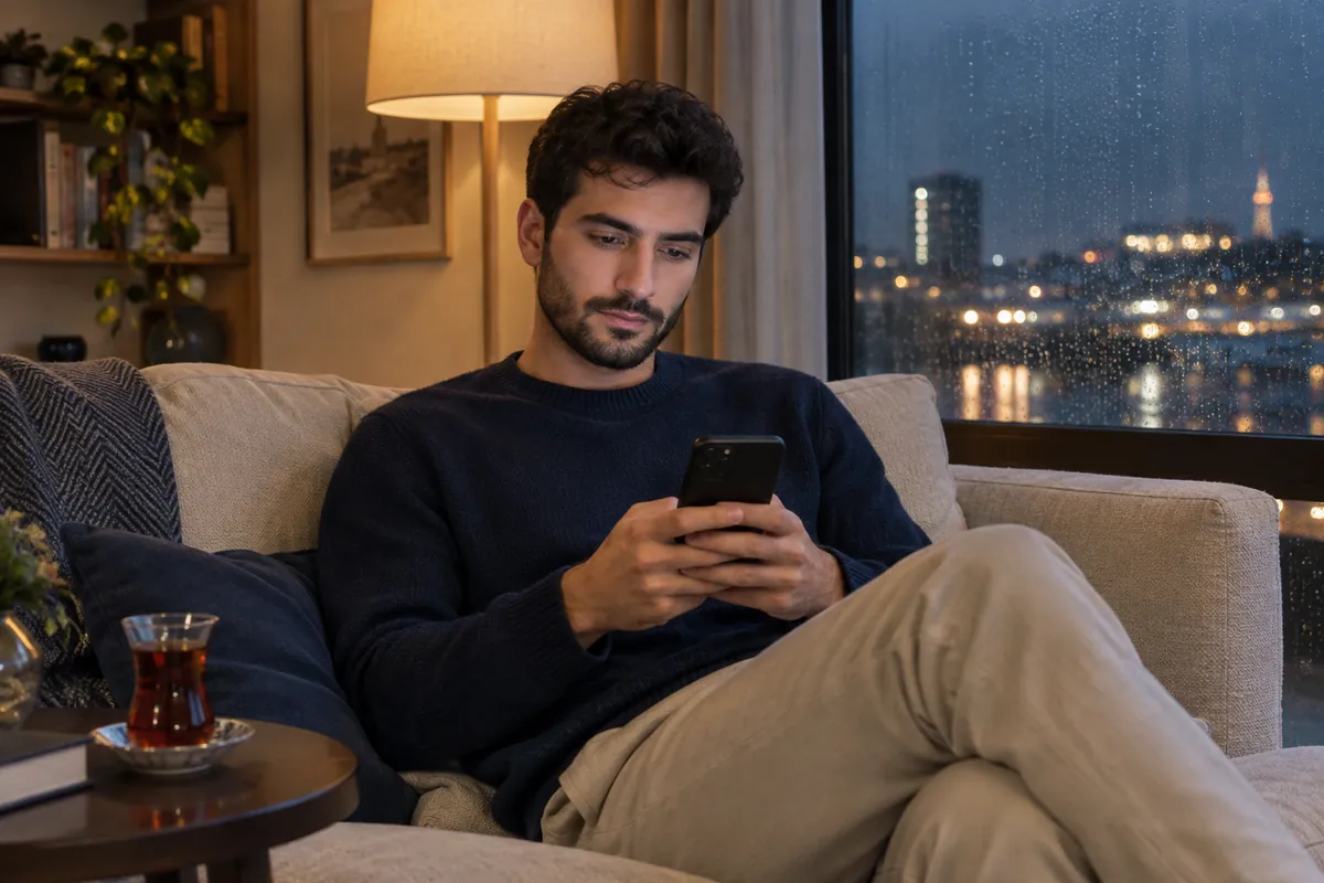 Jeune homme turc assis calmement sur un canapé le soir, dans un appartement en Europe, lisant les profils de psychologues sur son téléphone