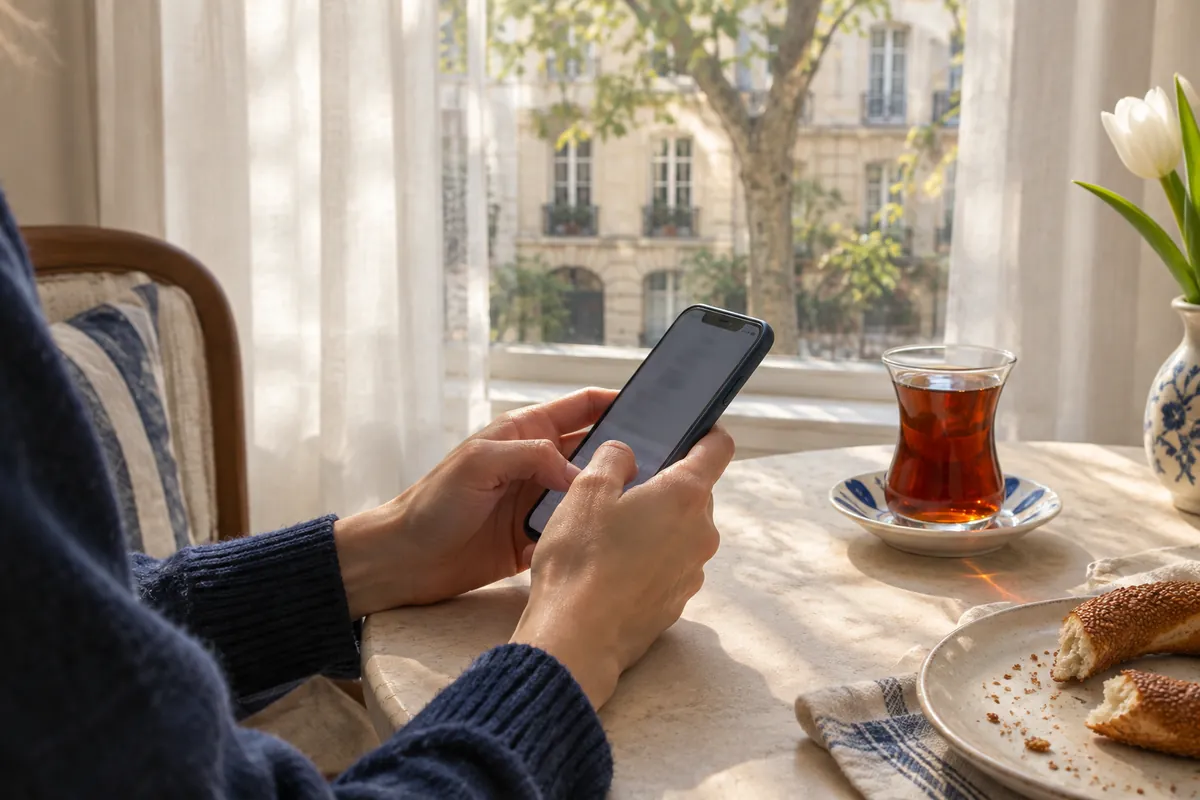 Mains d’une femme écrivant son premier message à un psychologue turc sur son téléphone, à la table de la cuisine, un verre de thé turc à côté
