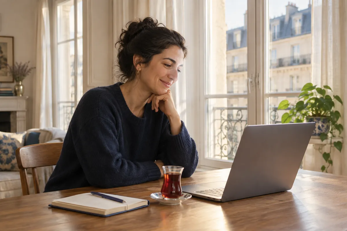 Femme turque souriante, assise à table dans un appartement lumineux en France, en visioconférence en turc avec sa psychologue sur son ordinateur portable