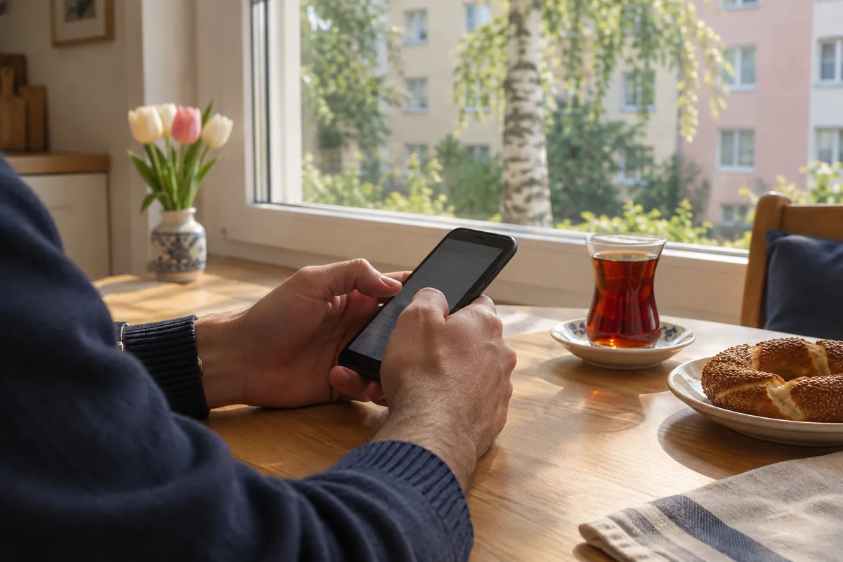 Hände eines Mannes, der am Küchentisch seiner Wohnung in Deutschland auf dem Handy eine erste Nachricht an eine türkische Psychologin schreibt, daneben ein Glas türkischer Tee