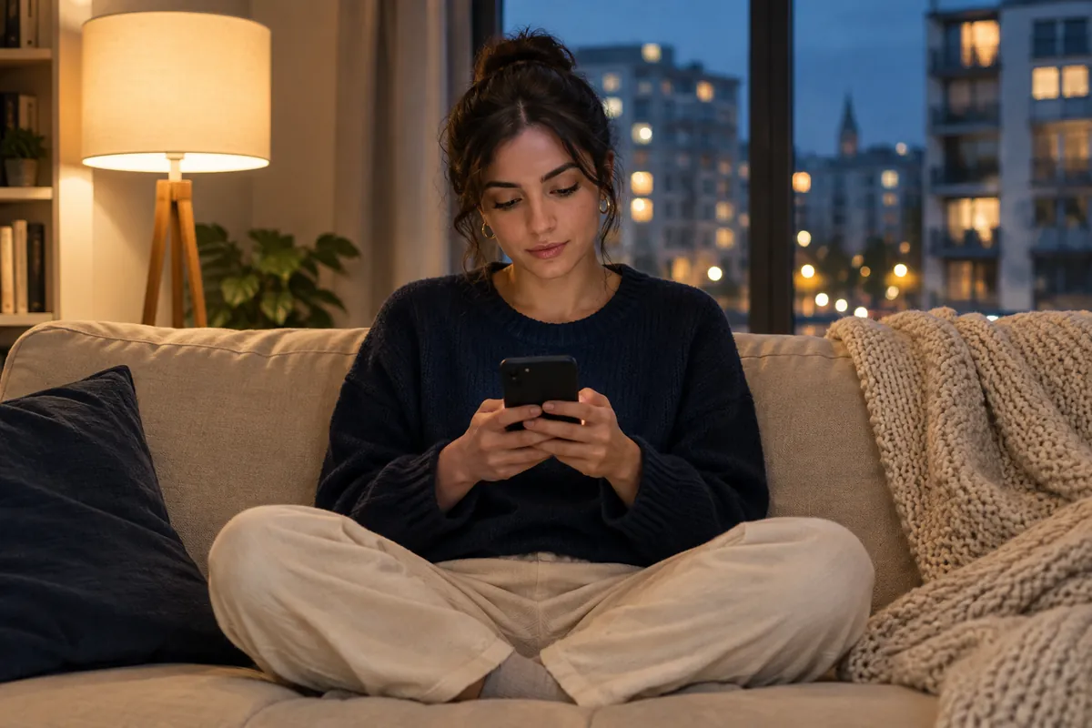 Junge türkische Frau sitzt abends entspannt auf dem Sofa ihrer Wohnung in Deutschland und liest auf dem Handy die Profile türkischsprachiger Psychologinnen