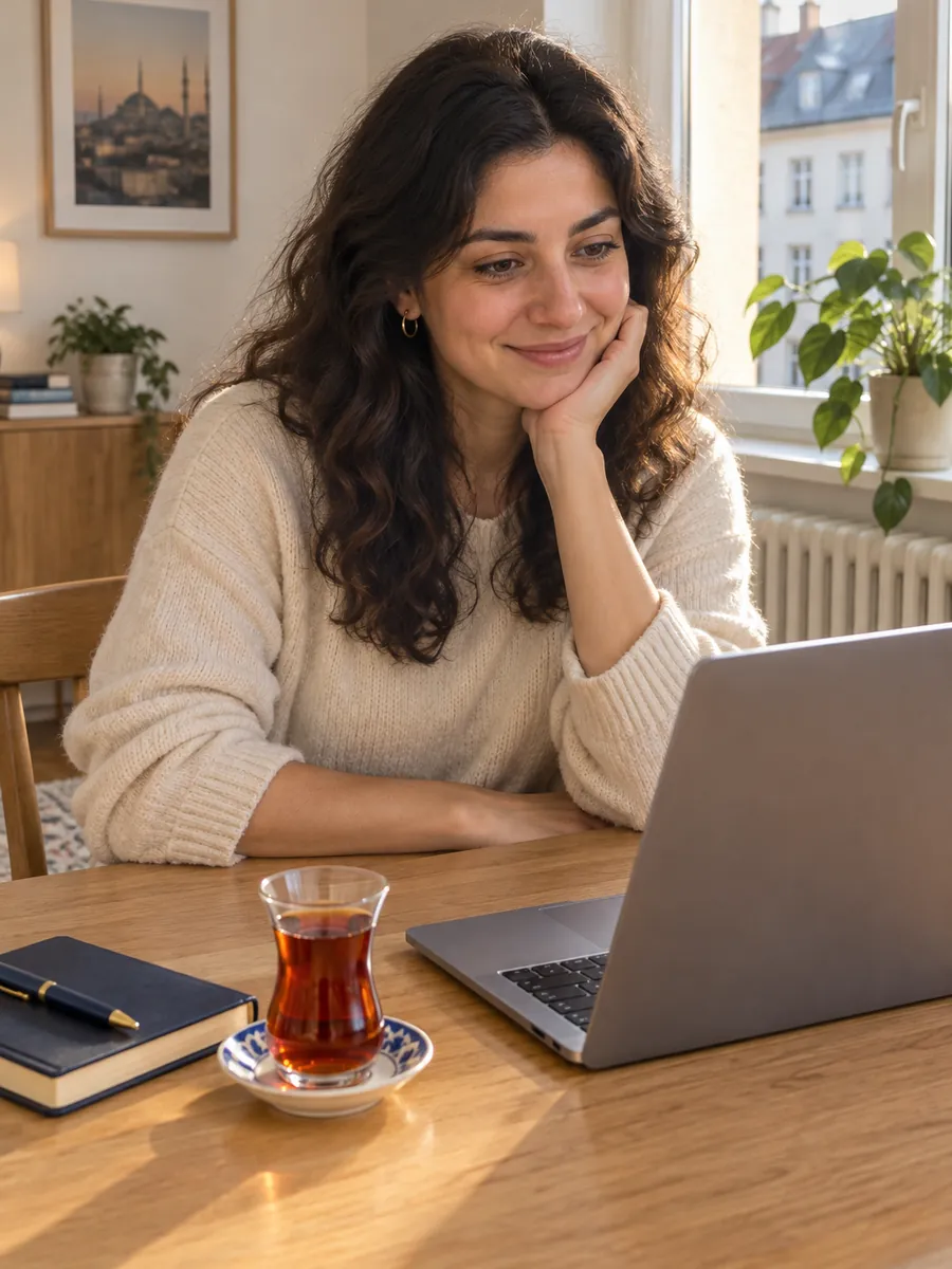 Türkische Frau sitzt lächelnd am Esstisch ihrer hellen Wohnung in Deutschland und spricht per Videogespräch auf Türkisch mit ihrer Psychologin