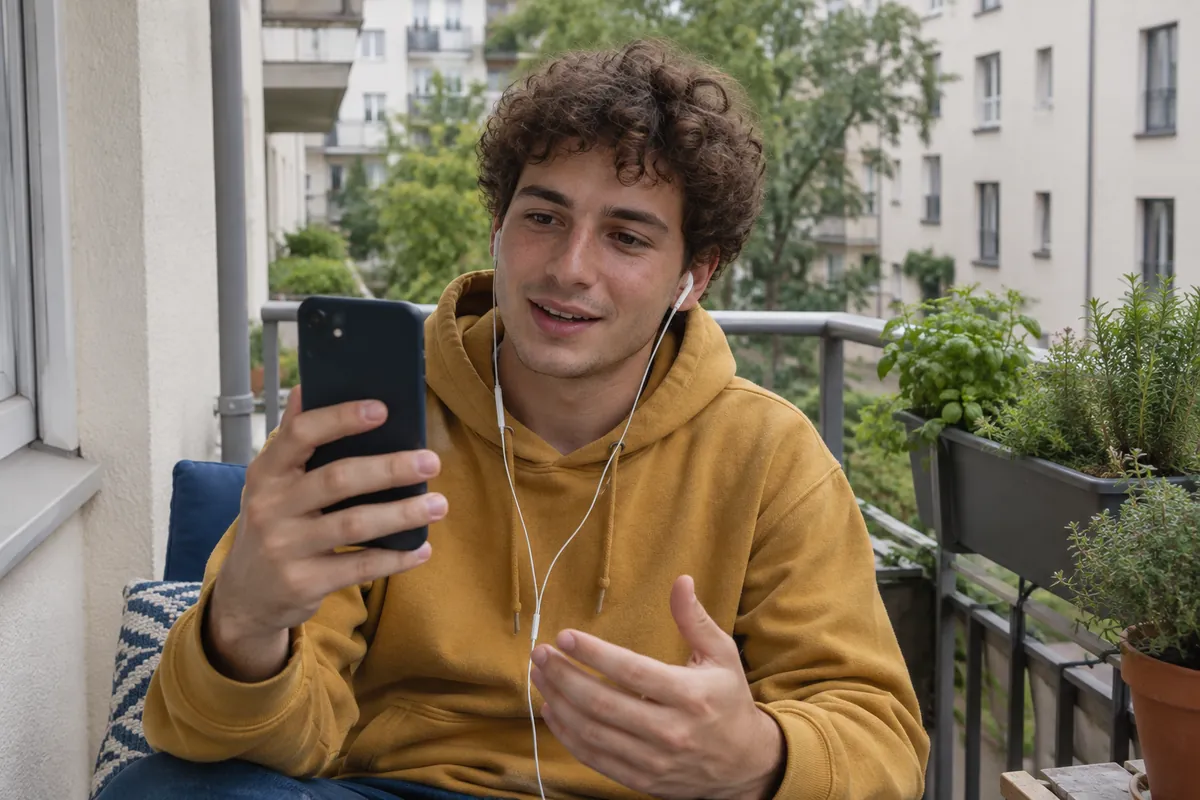 Junger türkischer Mann mit lockigen Haaren und senffarbenem Kapuzenpulli sitzt auf dem Balkon seiner Studentenwohnung in Deutschland und führt mit Kopfhörern ein Videogespräch auf dem Handy
