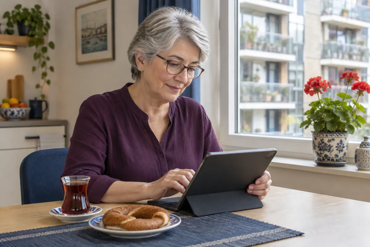 Turkse vrouw van in de zestig met kort grijs haar en leesbril typt aan de keukentafel op een tablet haar eerste bericht aan een psycholoog, met een glas Turkse thee ernaast