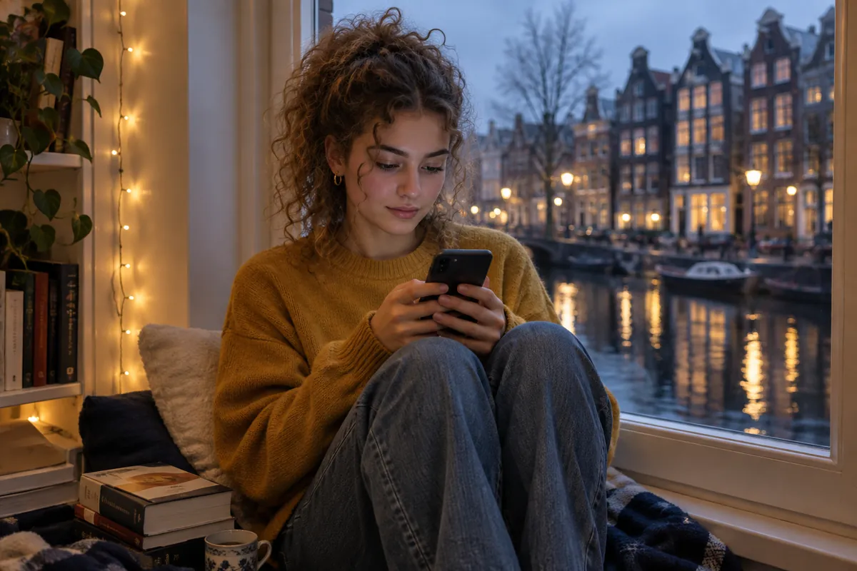 Jonge Turkse vrouw met krullend haar zit ’s avonds in de vensterbank van haar studentenkamer in een Nederlandse stad en leest rustig de profielen van psychologen op haar telefoon