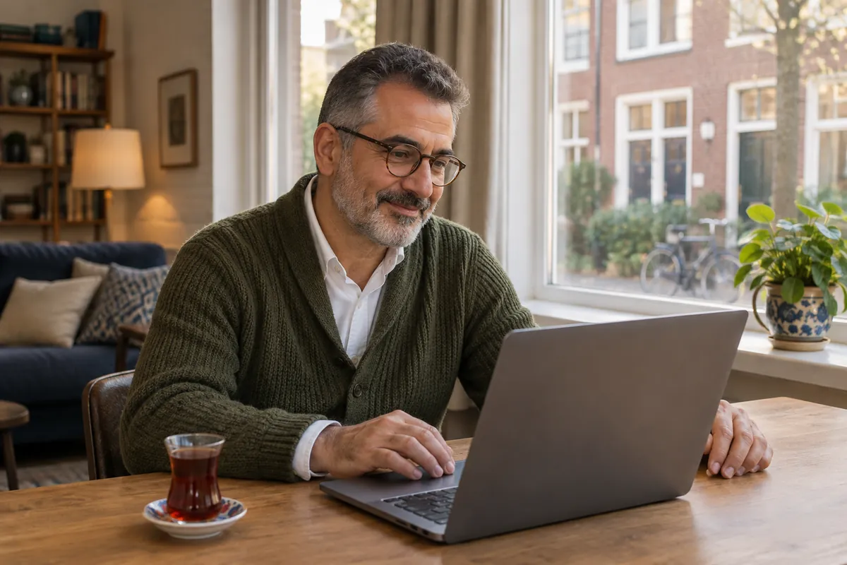 Turkse man van in de vijftig met grijze baard en bril, aan tafel in een Nederlands rijtjeshuis, in een rustig videogesprek in het Turks met zijn psycholoog op de laptop