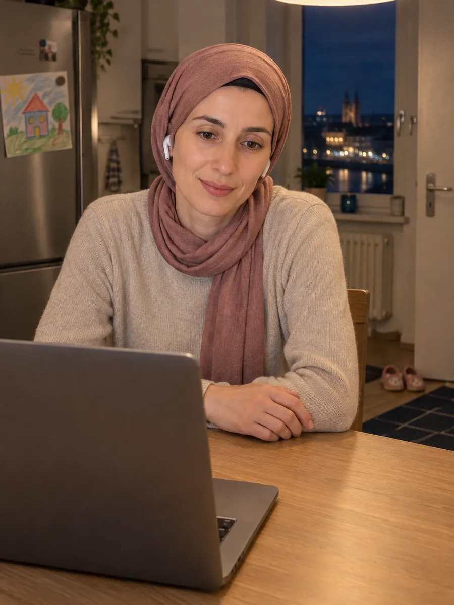 Gül kurusu başörtülü, otuzlu yaşlarının ortasında ince yapılı Türk anne akşam saatinde Basel’deki evinin mutfağında masada oturmuş, kablosuz kulaklıkla dizüstü bilgisayardan sakin bir görüntülü görüşme yapıyor; buzdolabında bir çocuk resmi, kapının yanında küçük çocuk terlikleri