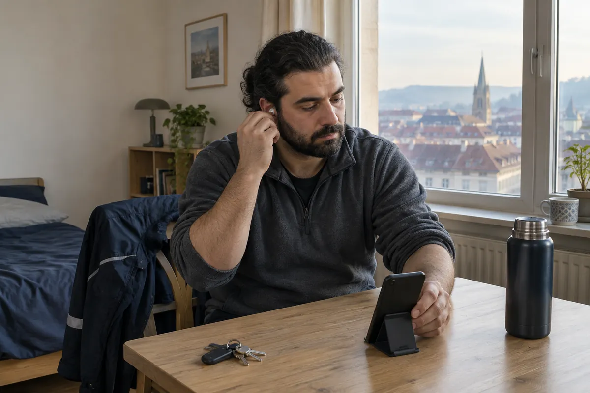 Uzun dalgalı siyah saçlarını arkada toplamış, sakallı, otuzlu yaşlarının ortasında Türk adam gece vardiyasından sonra sabah Stuttgart’taki evinde masada telefonunu standa yerleştirip kulaklığını takıyor; masada anahtarlar ve bir termos