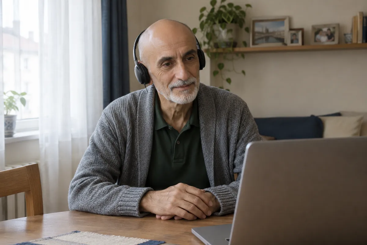 Online bilişsel davranışçı terapi: evindeki yemek masasında kulaklıkla dizüstü bilgisayardan görüntülü seansı dikkatle dinleyen beyaz sakallı yaşlı adam