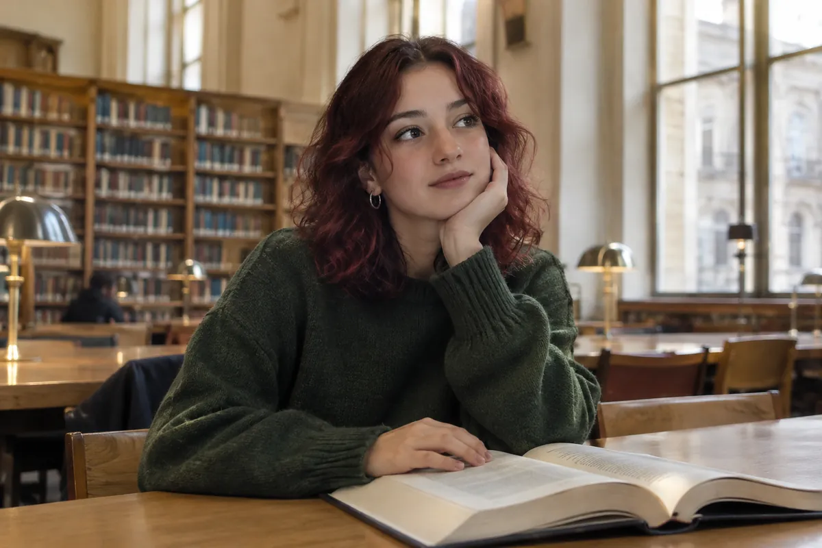 Bilişsel davranışçı terapi bana uygun mu: üniversite kütüphanesinde açık kitabın başında elini çenesine dayayıp düşünen bordo saçlı genç öğrenci