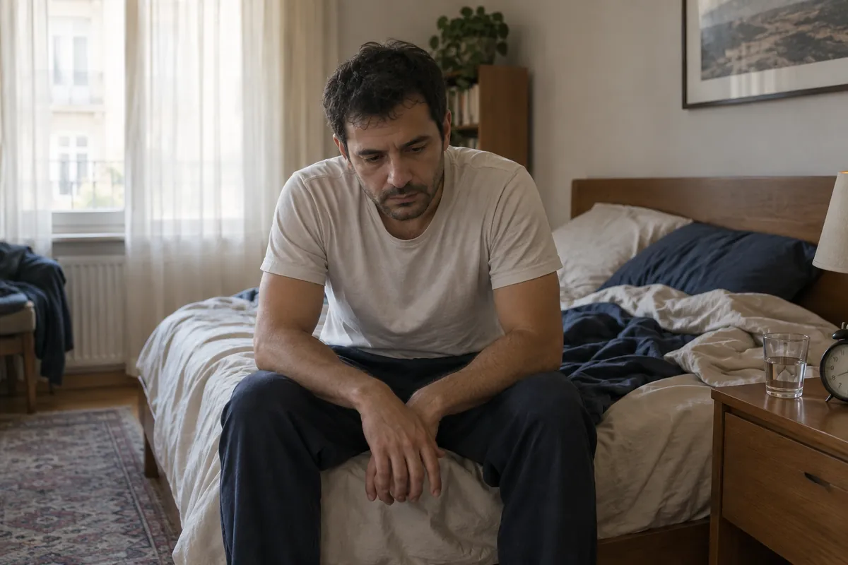Depresyon belirtileri: sabah ışığında dağınık yatağın kenarında oturan, başını öne eğmiş, yorgun ve durgun görünen bir adam