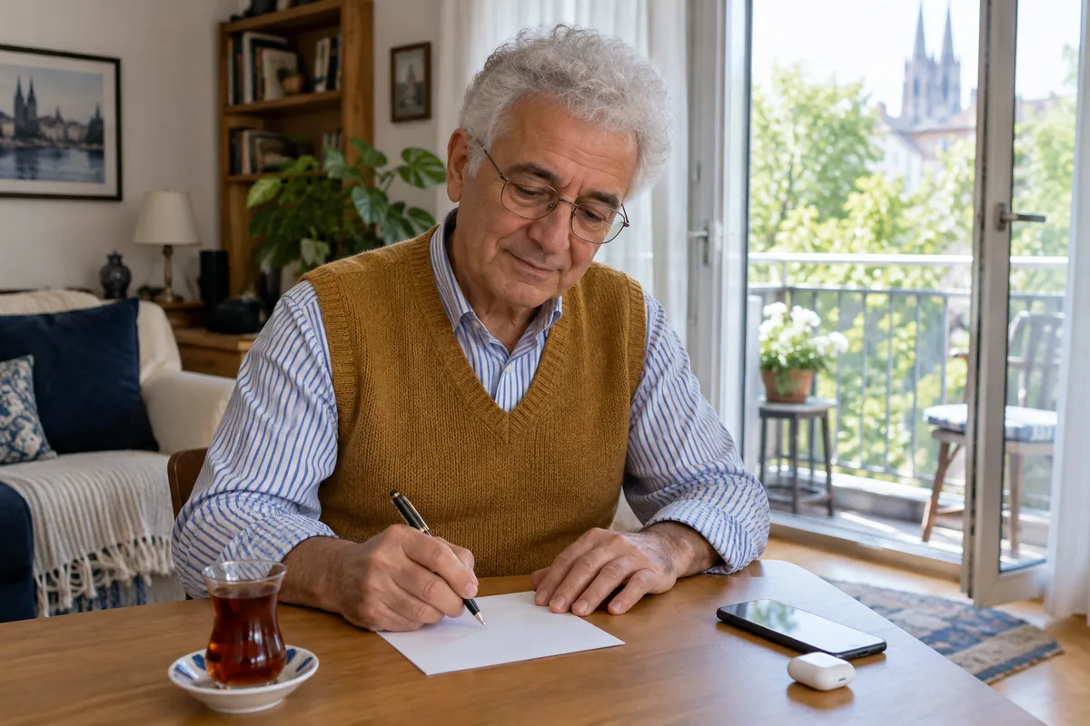 İlk seansa hazırlık: evinde balkon kapısının önündeki masada çay bardağının yanında kâğıda kısa bir liste yazan beyaz saçlı gözlüklü bir adam