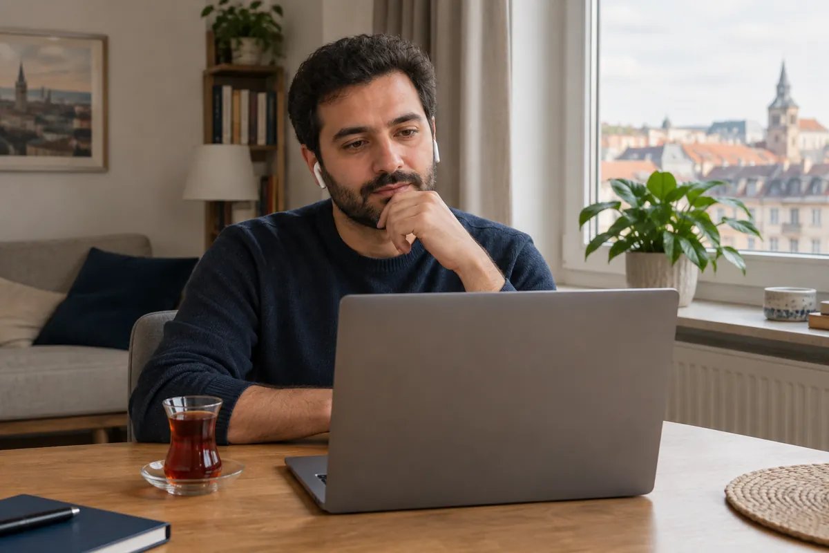 Online terapi seansı: evindeki masasında dizüstü bilgisayarla, kulaklıkla psikoloğunu dinleyen genç bir adam