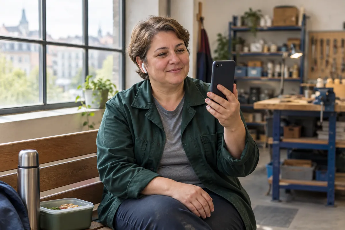 Ana dilde online psikolog görüşmesi: iş molasında atölyenin dinlenme köşesinde kulaklıkla telefonda görüntülü konuşan, iş kıyafetli orta yaşlı bir kadın