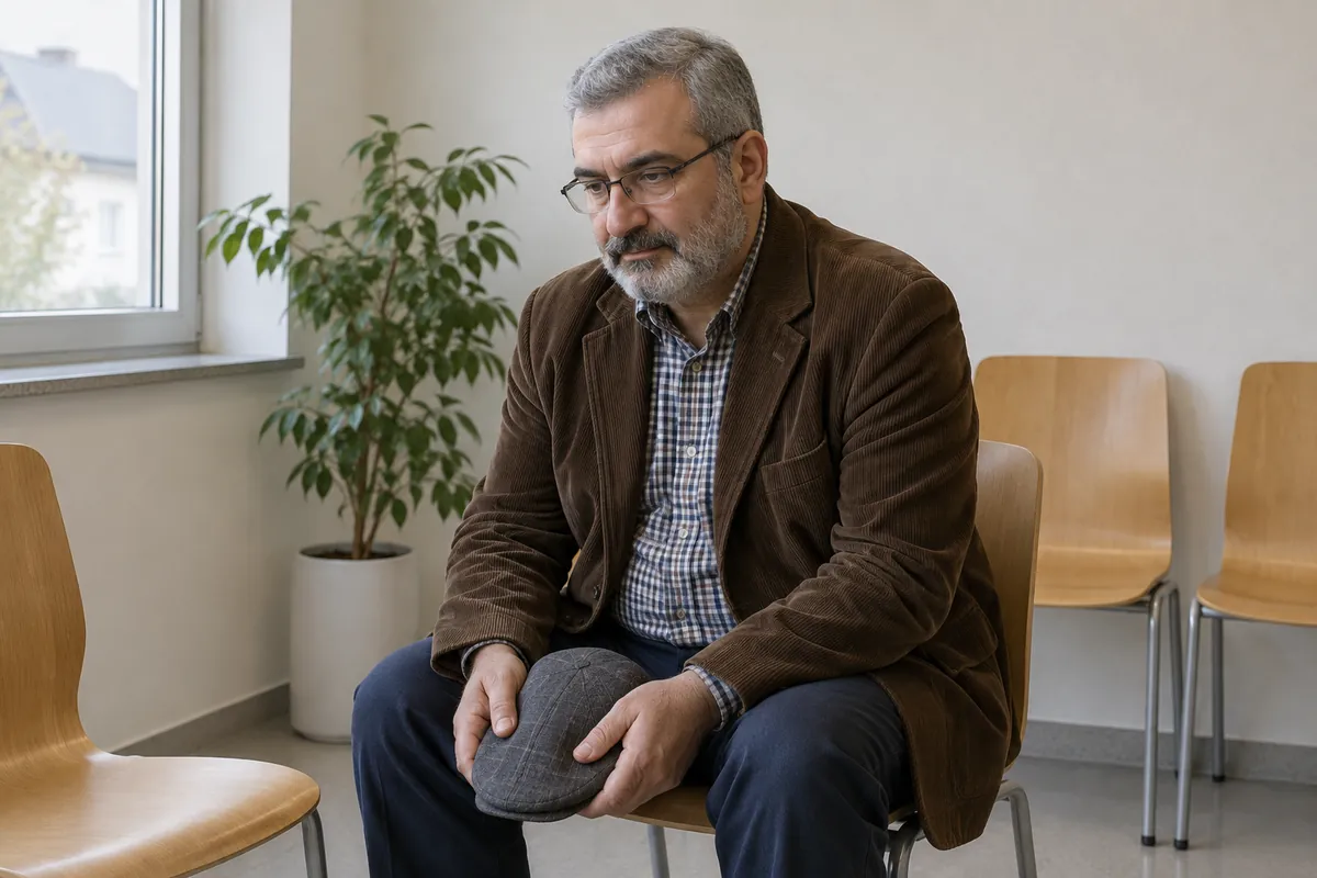 Psikolog mu psikiyatrist mi: bir muayenehanenin bekleme odasında kasketini elinde tutan, gri sakallı ve gözlüklü, düşünceli bir adam