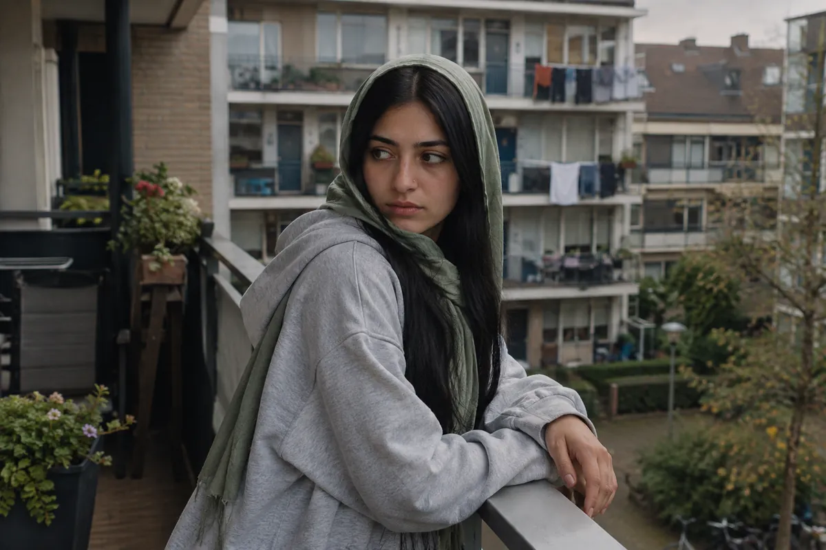 Damgalama kaygısı: apartman balkonunda korkuluğa yaslanıp komşu balkonlara tereddütle bakan başörtülü genç kadın