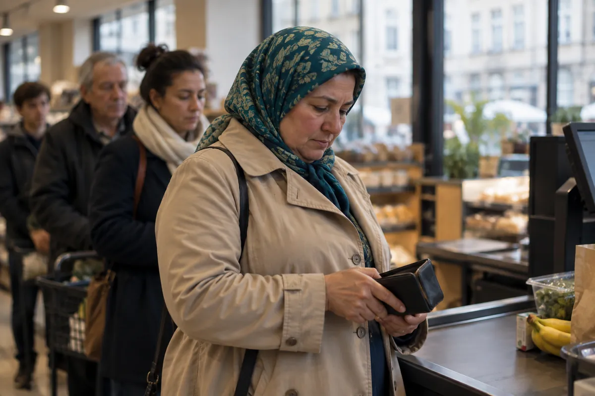 Sosyal kaygı günlük hayatta: market kasasında arkasında kuyruk beklerken cüzdanına gergin biçimde bakan başörtülü orta yaşlı bir kadın