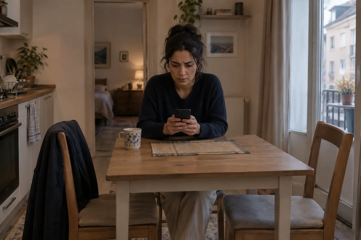 Toksik ilişki belirtileri: mutfak masasında tek başına oturan, telefonuna gergin ve içine kapanık biçimde bakan genç bir kadın