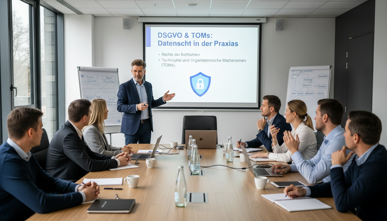 Berater bei einer Schulung zum Datenschutz, die die DSGVO und TOMs behandelt, mithilfe von Präsentationsmaterial und interaktiven Diskussionen.