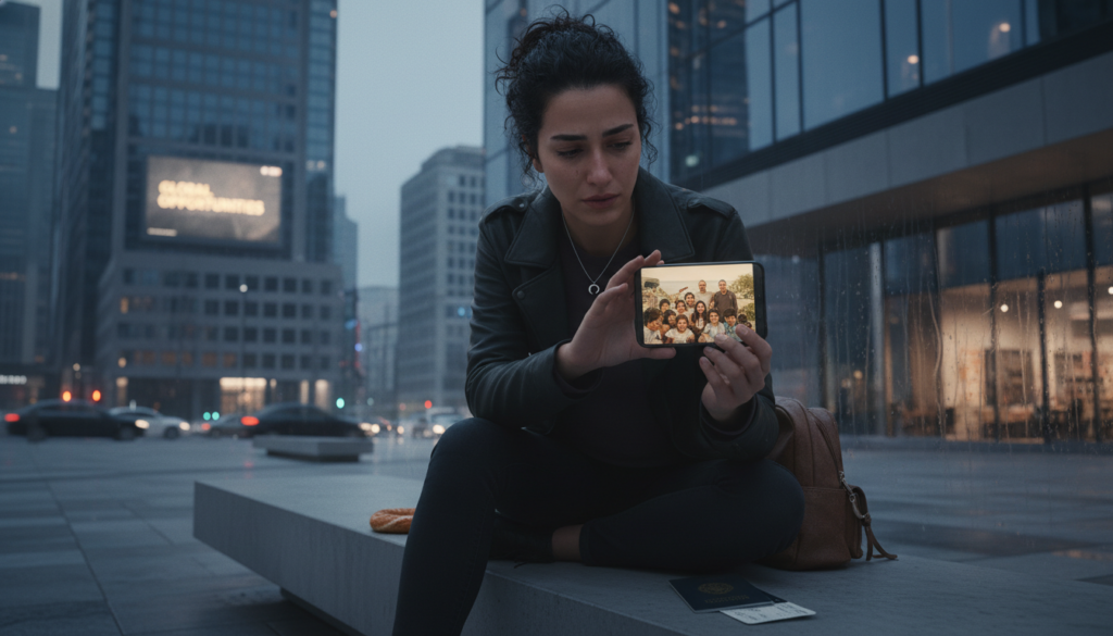 A realistic, emotionally powerful depiction of an emigrant sitting alone in a modern city, gazing thoughtfully at a distant, nostalgic image of their family in Turkey, evoking feelings of guilt and longing; masterfully captures the contrast between their new life and their roots, with subtle details that convey deep emotional resonance.