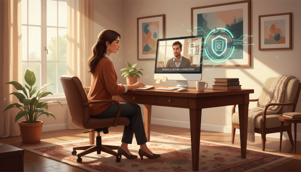 A realistic and detailed masterpiece illustration depicting a serene online counseling scene, featuring a professional therapist and a client engaged in a video call, surrounded by elements symbolizing data protection and confidentiality, such as locked digital files and a shield icon, set in a warm and inviting home office environment.
