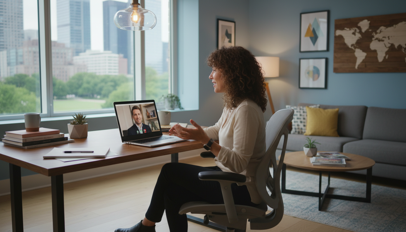 Ein Expats, der an einem Laptop sitzt und an einer Online-Beratung teilnimmt, während er sich in einem modernen, inspirierenden Arbeitsumfeld befindet.