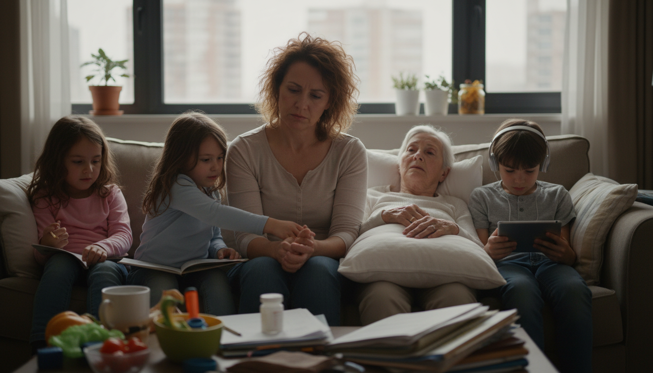 Eine Pflegende Angehörige, umgeben von ihren Kindern und einem älteren Elternteil, zeigt Erschöpfung und Stress, während sie ein Gleichgewicht zwischen Pflege und Familie sucht.
