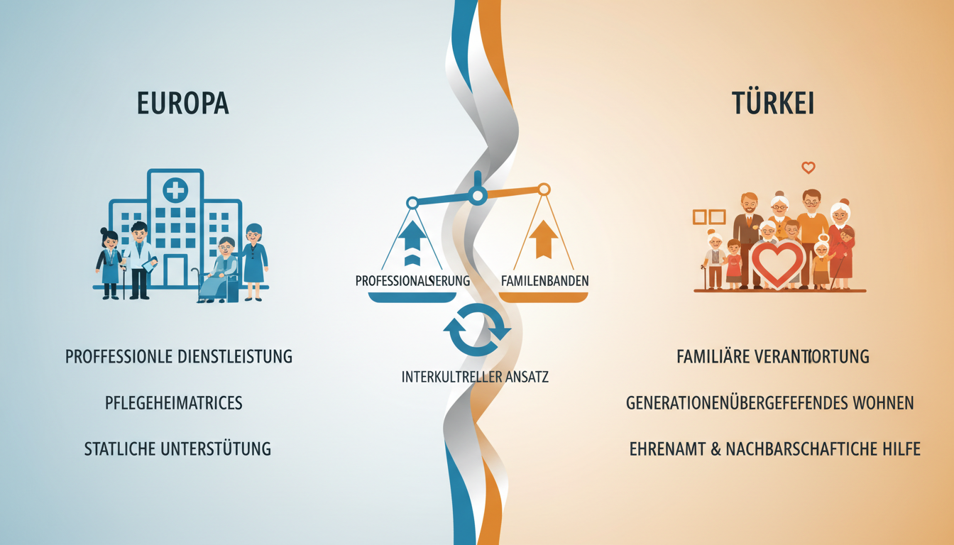 Grafische Darstellung eines interkulturellen Pflegekonzepts, das Unterschiede in der Altenpflege zwischen Europa und der Türkei aufzeigt, mit Fokus auf familiäre Verantwortung und professionelle Dienstleistung.