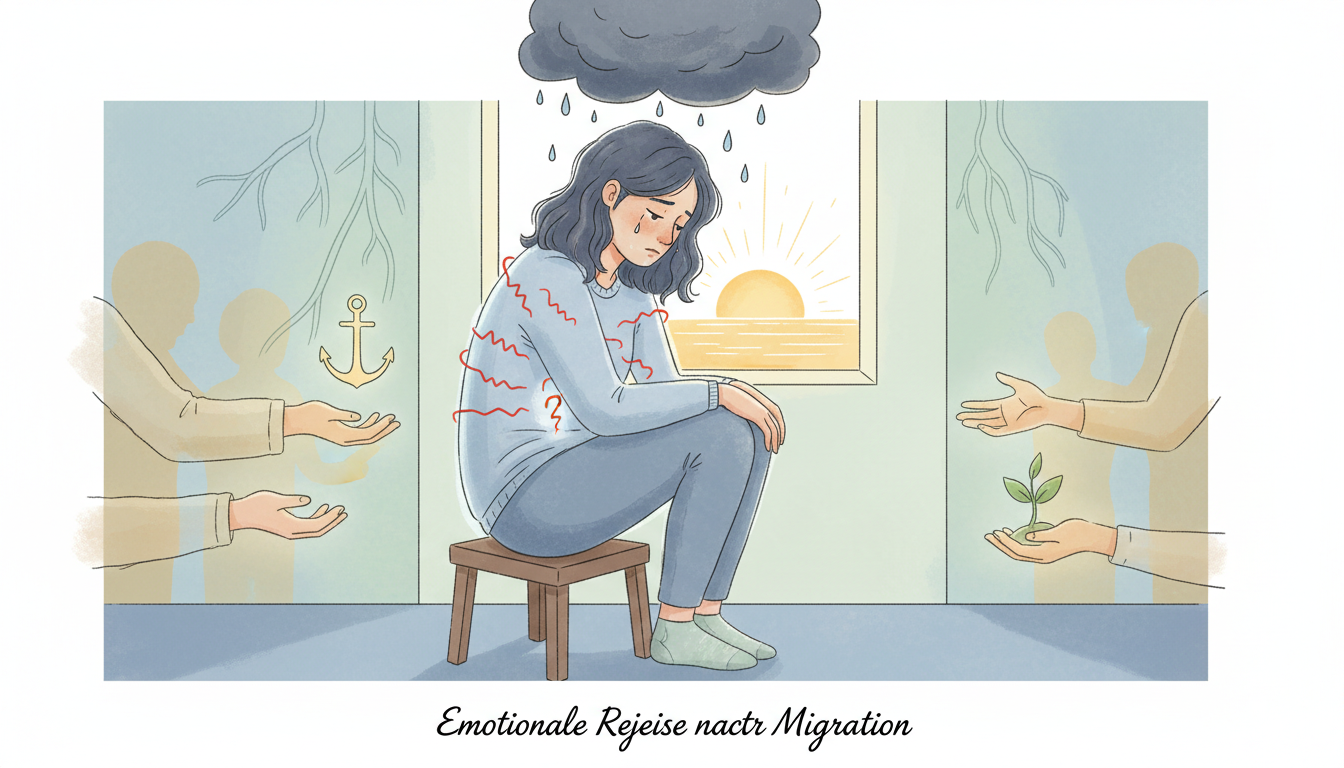 Illustration einer Person, die emotionale Symptome nach Migration zeigt, mit Symbolen für Traurigkeit, Angst und sozialen Rückzug in einem unterstützenden Umfeld.