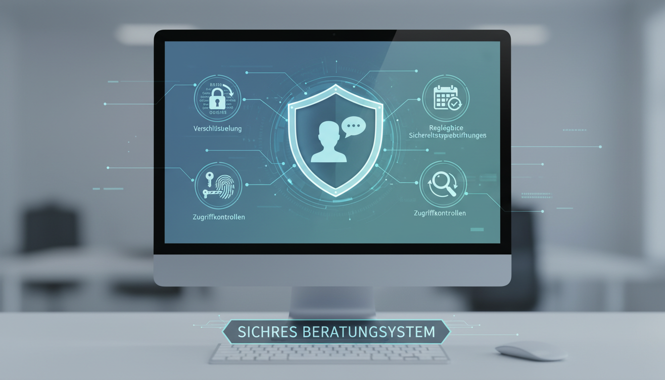 Illustration eines sicheren Online-Beratungssystems mit Symbolen für Verschlüsselung, Zugriffskontrollen und regelmäßige Sicherheitsüberprüfungen auf einem Computerbildschirm.