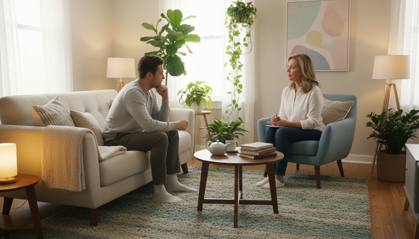 Person spricht mit einem Therapeuten in einem ruhigen, einladenden Raum, umgeben von beruhigenden Elementen wie Pflanzen und sanfter Beleuchtung.