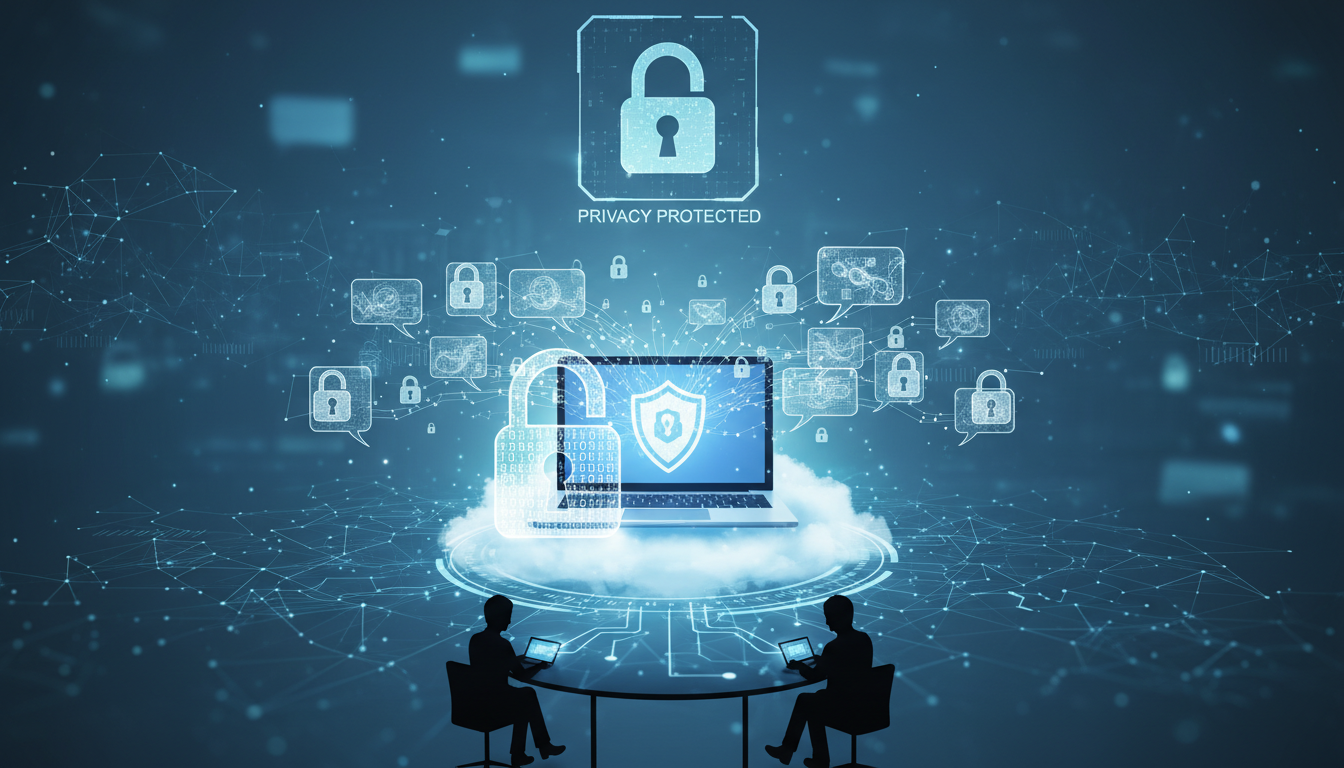 Symbolische Darstellung einer sicheren Online-Beratung mit Schlössern, verschlüsselten Nachrichten und einem Laptop, der Datenschutz-Praktiken verkörpert.