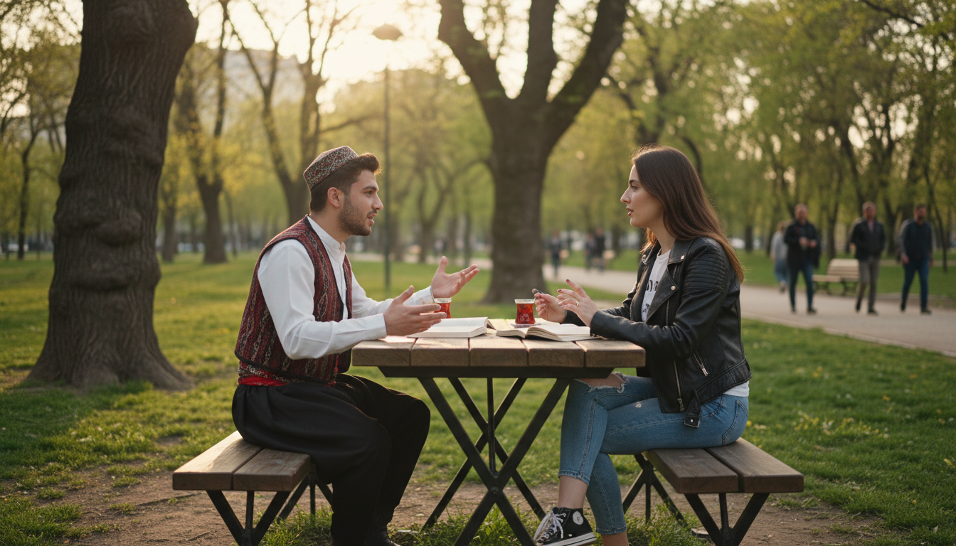 Zwei junge türkische Migranten, einer in traditioneller Kleidung und der andere in westlicher Mode, diskutieren an einem Tisch in einem Park, um den interkulturellen Austausch darzustellen.